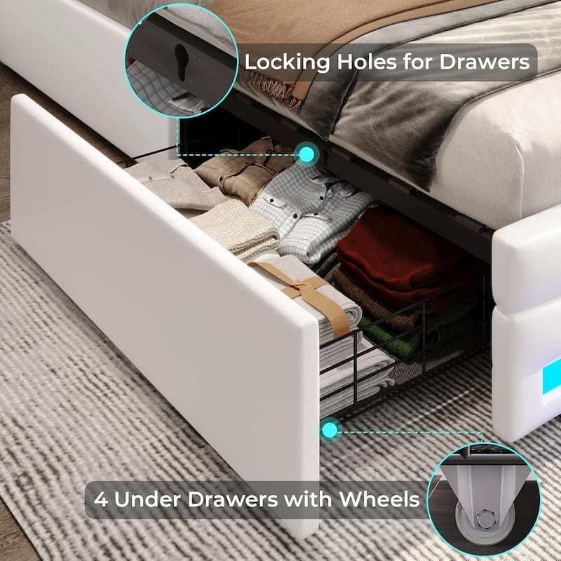 LED Bed Frame Platform Bed 2 USB Ports 4 Storage Drawers