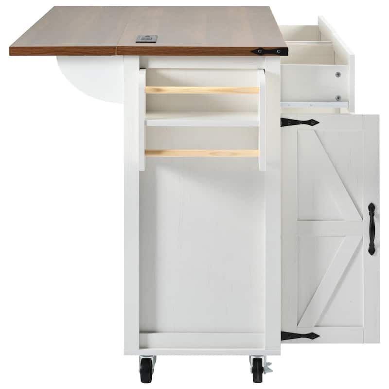 53.5'' Farmhouse Kitchen Trolley with Power Outlet, Drop Leaf, Spice Rack, and Drawers, Mobile Cart on Wheels