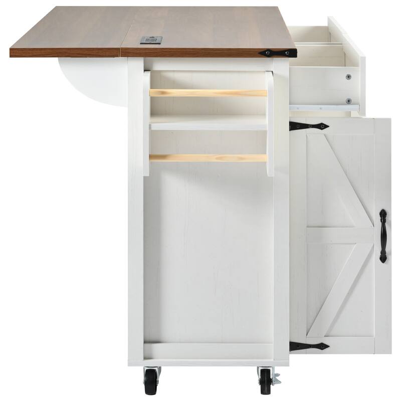Farmhouse Kitchen Island with 2 Drawers, Electrical Outlet, Folding Board, Towel Rack and Spice Rack, for Kitchen,White