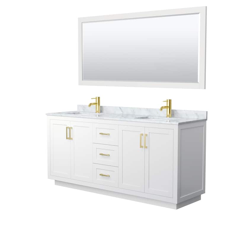 Miranda Double Vanity Set, White Carrara Marble Top, 70-Inch Mirror - 72-Inch Double - White, Gold Trim, White Carrara Marble Top