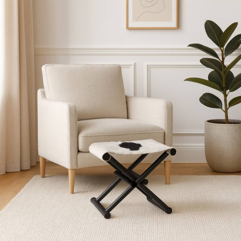 Foldable Backless Cowhide Storage Stool with Solid Wood Frame
