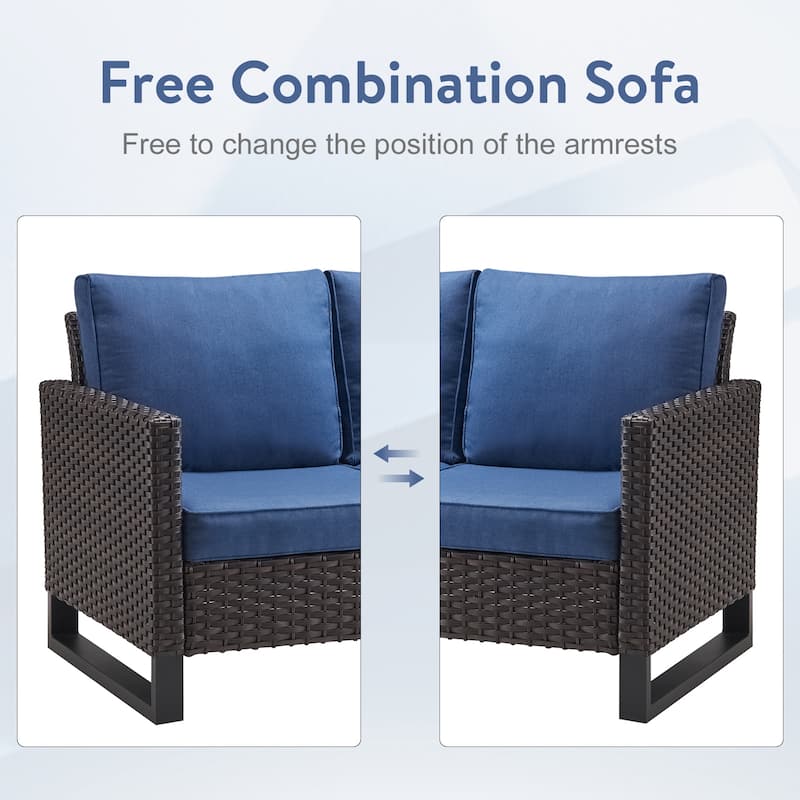 9 Pieces Patio Sofa Set with Fire Pit Table - Blue cushion - Brown