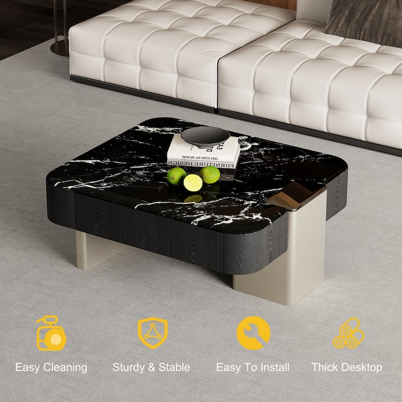 35.82" Modern Black Retangular Coffee Table with 2 Drawers, Faux Marble Top