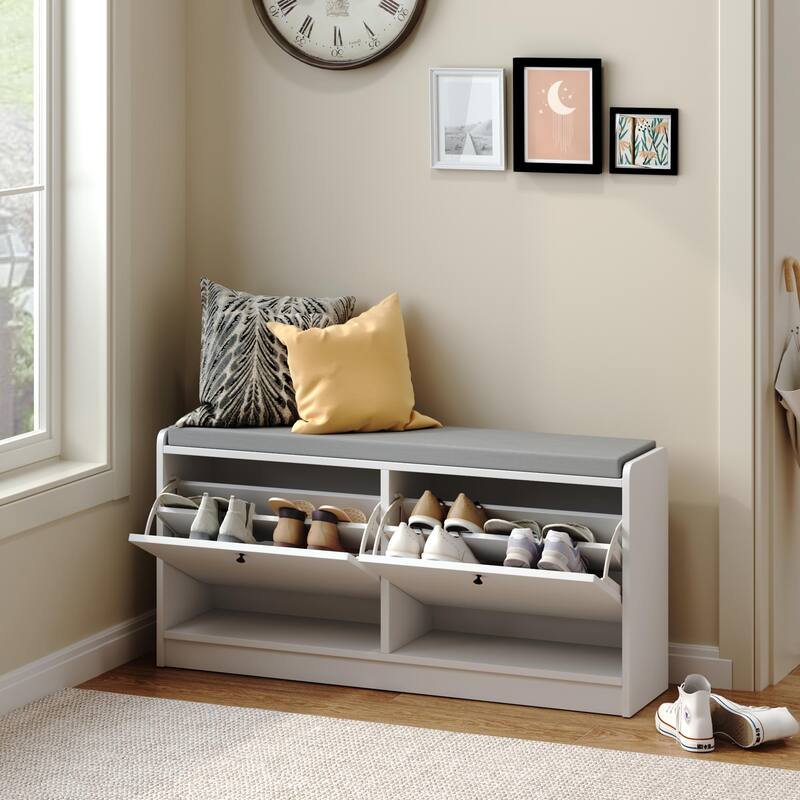 Anmytek White Storage Bench with Hooks Entryway Shoe Organizer and Living Room Seating