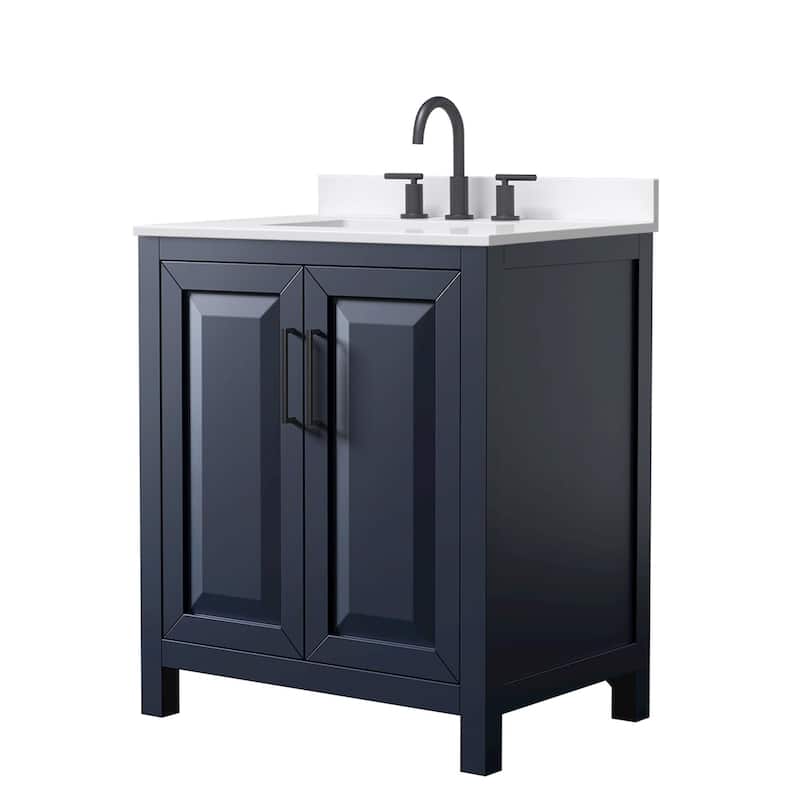 Daria 30-inch Single Vanity, 3 Hole Quartz Top - Dark Blue, Black Trim, White Quartz Top