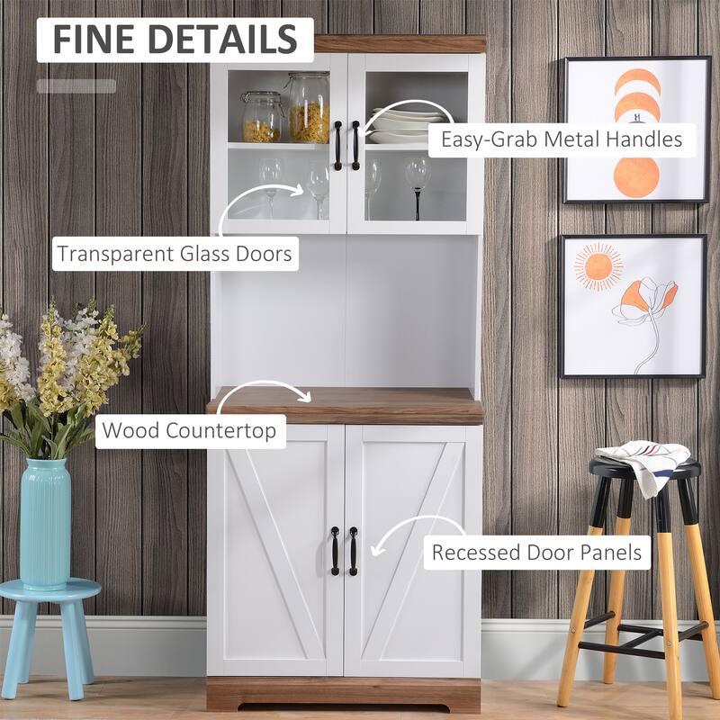 HOMCOM 70" Farmhouse Kitchen Buffet with Hutch, Cupboard Cabinet with Glass Doors, Adjustable Shelves, Microwave Countertop