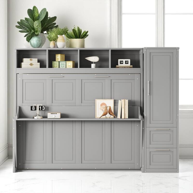 Queen Size Murphy Wall Bed with Closet, Drawers and Shelf Storage, Foldable Cabinet Bed with Custom Layout - Grey - Queen