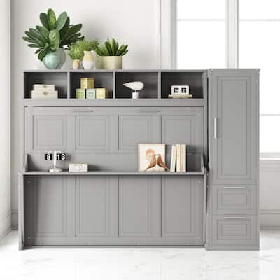 Queen Size Murphy Wall Bed with Closet, Drawers and Shelf Storage, Foldable Cabinet Bed with Custom Layout