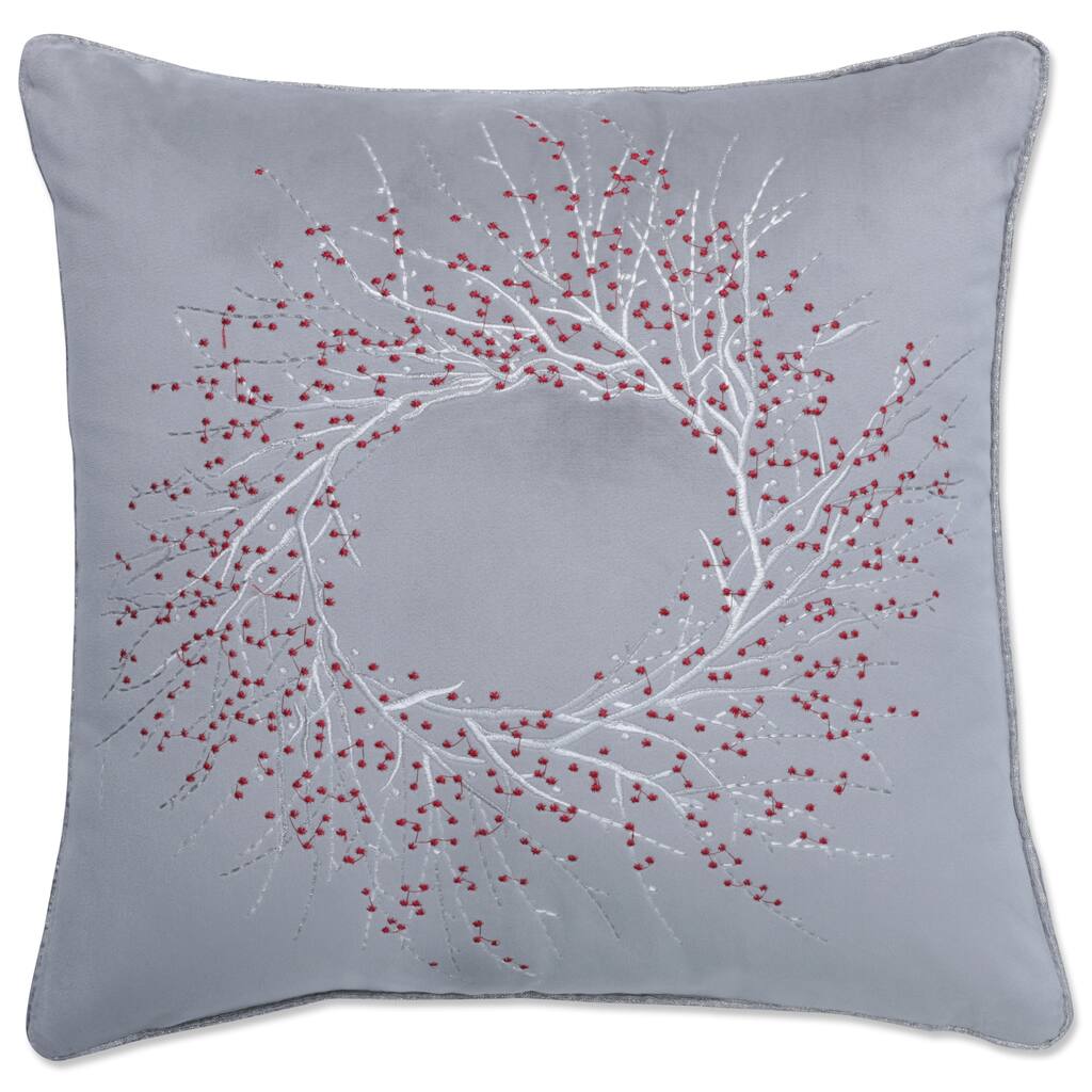 Pillow Perfect Indoor Velvet Christmas Wreath Gray 17-inch Throw Pillow Cover, 17 X 17 X 0.2