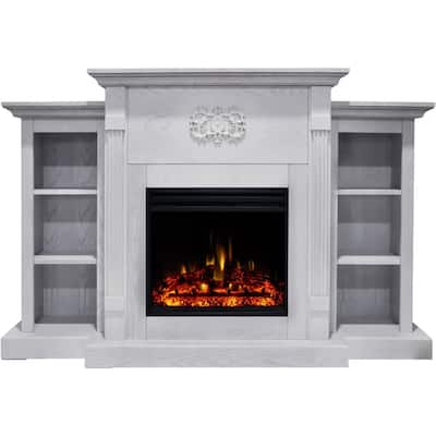 Hanover Classic Electric Fireplace Heater with 72-In. White Mantel, Bookshelves, Deep Log Display and Remote - 72 Inch