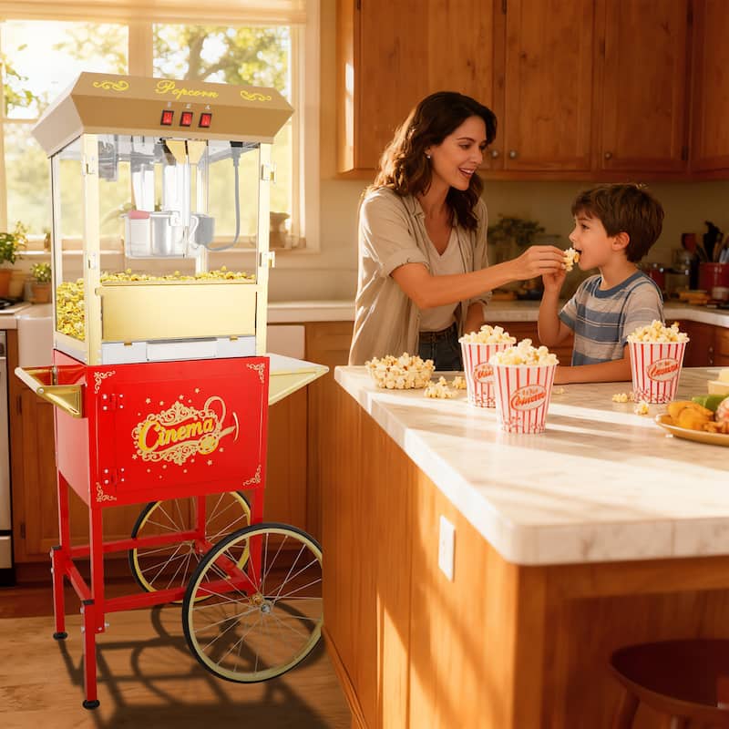 16Oz Commercial Popcorn Machine With Cart and 16 Oz Kettle, Movie Theater Popcorn Machine - Golden+Red