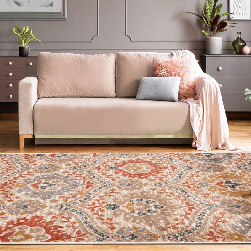 HomeRoots 5' X 8' Ivory Orange And Gray Floral Stain Resistant Area Rug - 6' Round