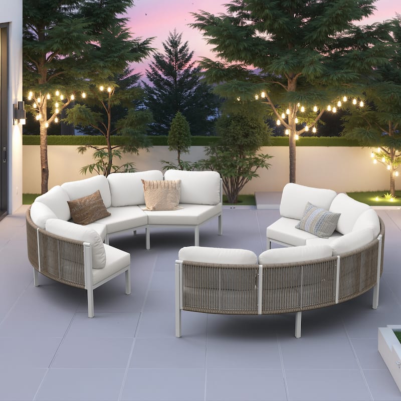 Outdoor Patio Furniture PE Rattan Wicker Half Round Curved Sofa Sectional Set - Beige - 8PC