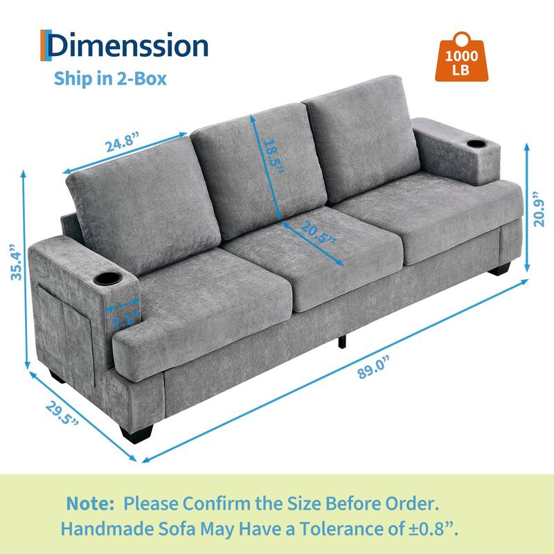 89" 3-Seater Sofa, Deep Seat Sofa, Modern Comfy Couches for Living Room with Cup Holders and Side Storage Pockets