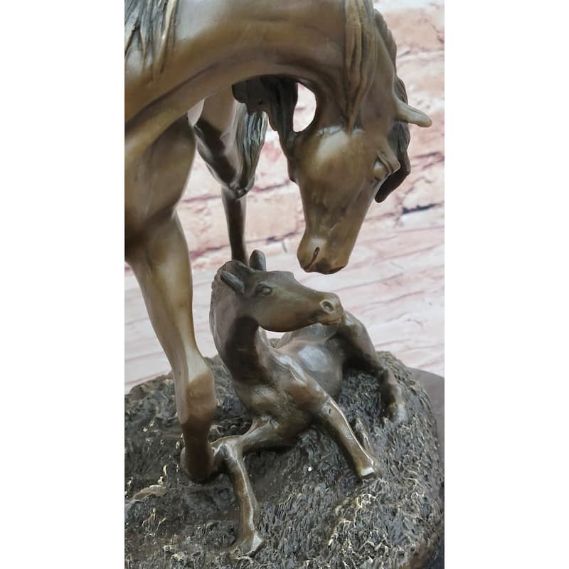Horses Mare W/Foal Horse Bronze Sculpture Wild Farm Animal Marble Base