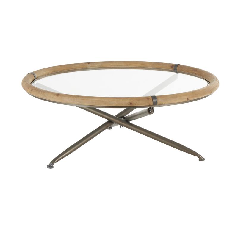 Brass Metal Round Living Room Coffee Table with Brown Wooden Framed Glass Tabletop