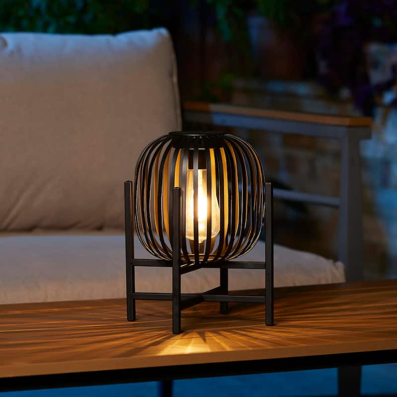 Glitzhome Outdoor Black Metal Striped Freestanding Solar Lantern Deck Lamp