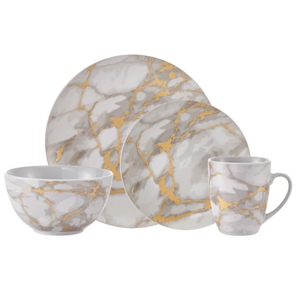slide 1 of 1, Safdie & Co. 16-piece Marbled Grey and Gold Porcelain Dinnerware Set - 10'5" x 0'5"