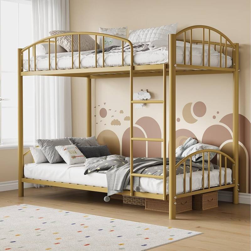 Bunk Bed Twin Over Twin with Stairs and Arched Guardrail for Bedroom and Small Space - Gold
