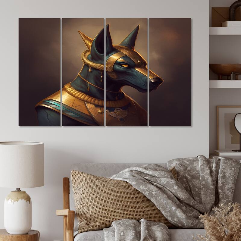 Designart "Vintage Anubis Ancient Egyption Jackal God IX" Egyptian Woman Multipanel Canvas Art Print set - 48 In. Wide X 28 In. High - 4 Panels Equal Panels