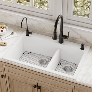 Karran Drop-In Quartz 33 in. 1-Hole 60/40 Double Bowl Kitchen Sink Kit