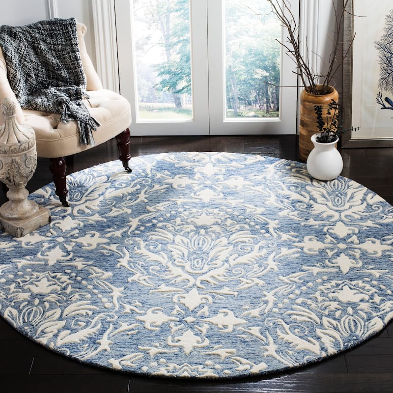 SAFAVIEH Handmade Blossom Lollie Modern Floral Wool Rug - 6' Round - Blue/Ivory