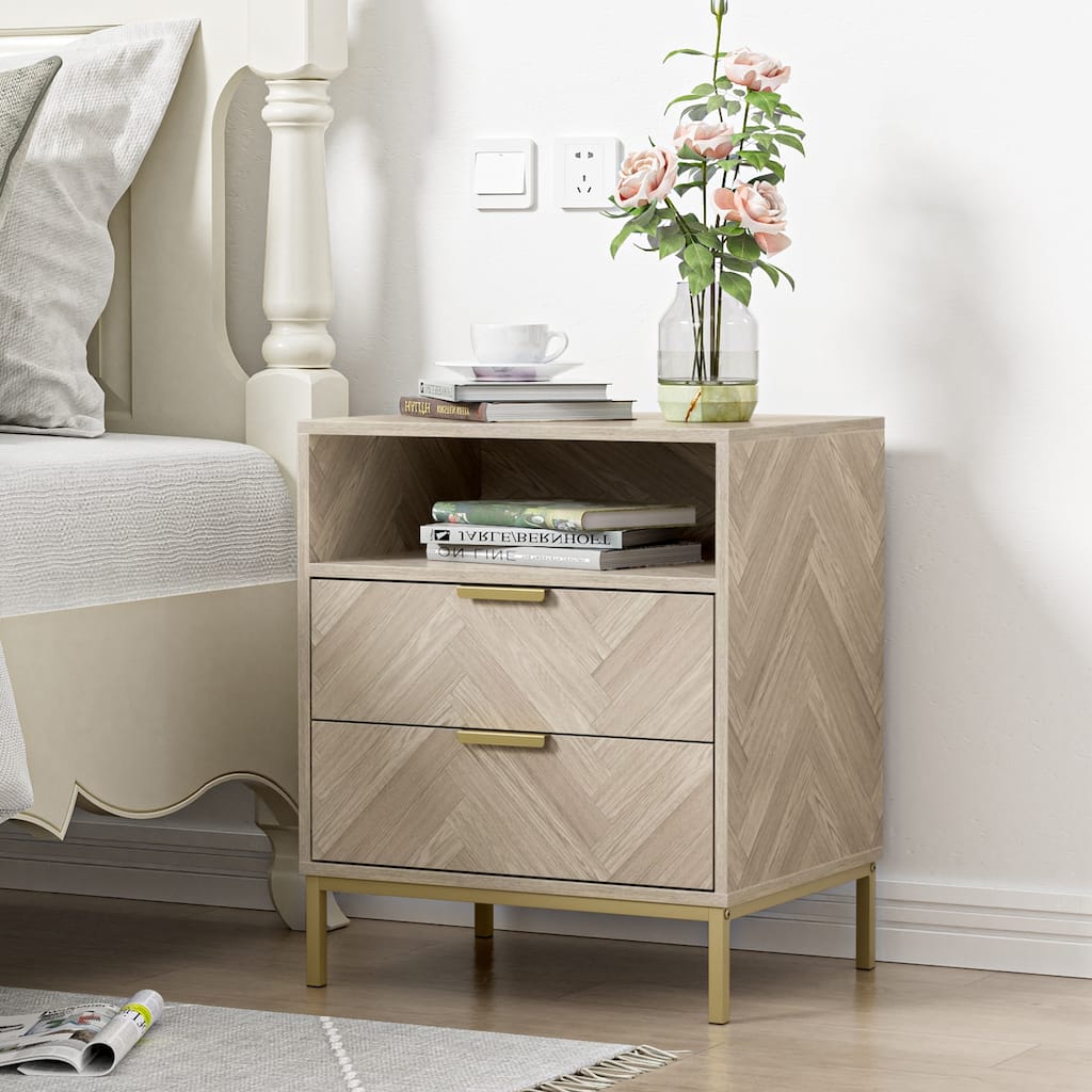 Anmytek Mid-Century 2 Drawer Nightstand Wood Grain Bedside Table Side Table with Open Shelf