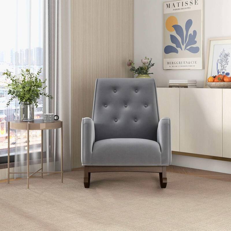 Light Grey Fabric Solid Wood Rocking Chair 36.6"H x 27.5"W x 39"D or Living Room Bedroom Reading
