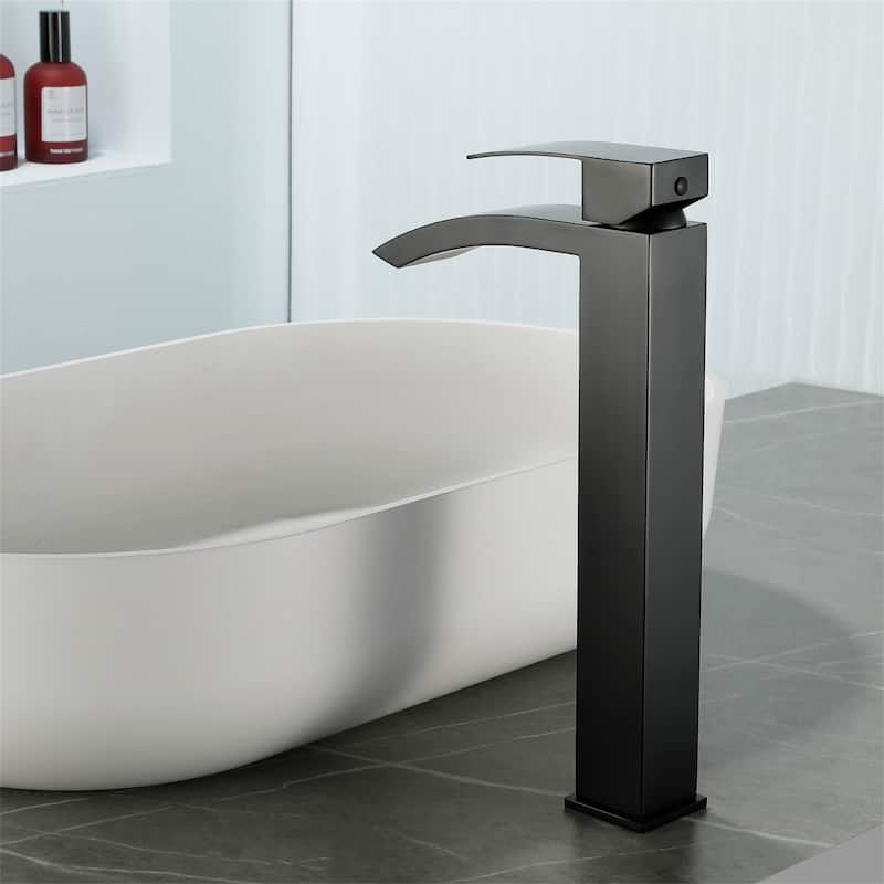 Waterfall Single Handle Bathroom Vessel Sink Faucet with Pop-up Drain 304 Stainless Steel 1 Hole High Tall Basin Vanity Faucets