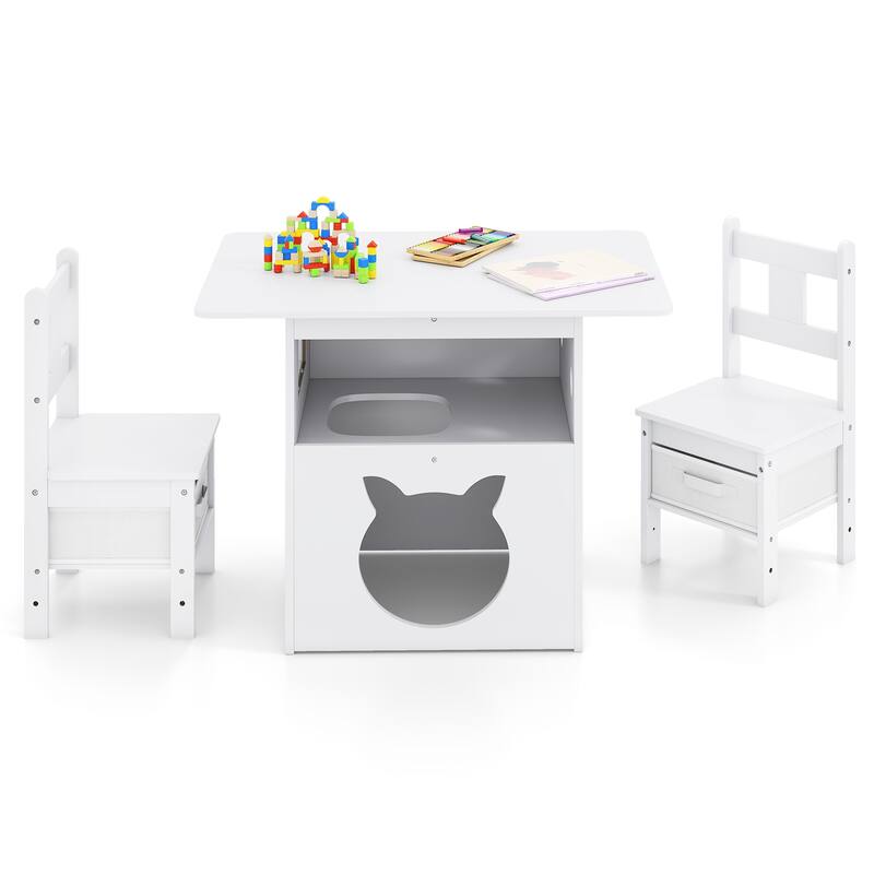 White Kids Table and Chair Set with Storage Bins Cat Shaped 2 in 1 Play and Study Furniture for Playroom or Bedroom