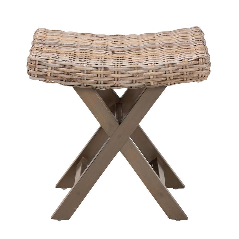 Hayate Bohemian Grey Kubu Rattan and Mahogany Wood Ottoman Footstool