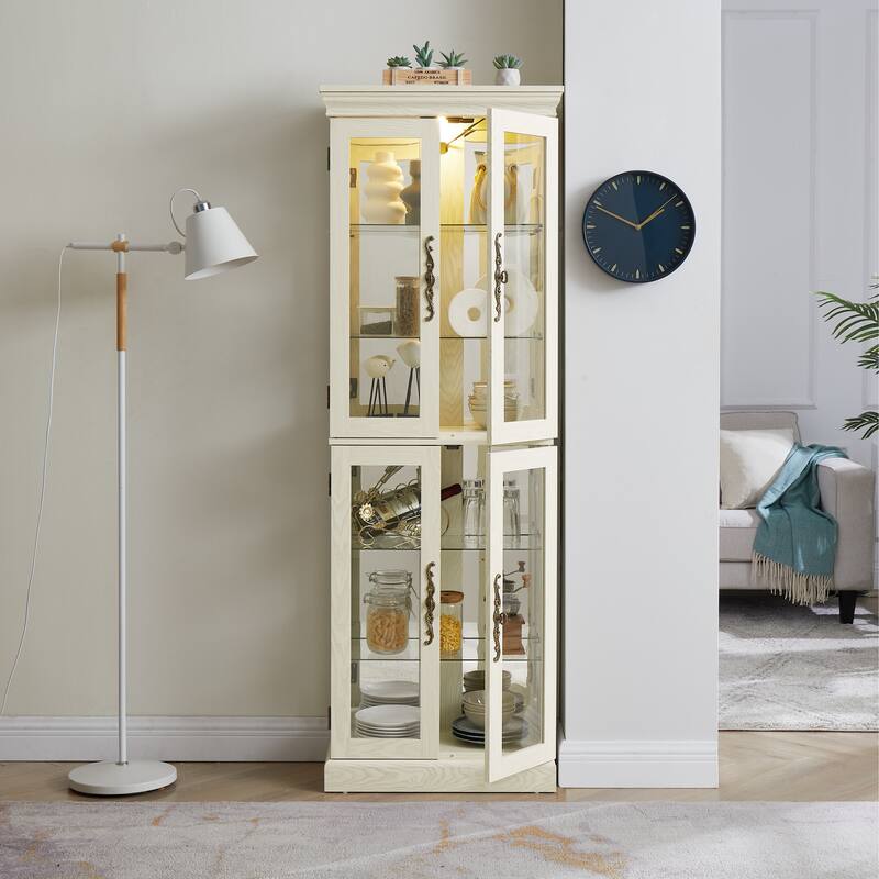 Lighted Glass Curio Display Cabinet,Display Cabinet,Storage Cabinet Wine cabinet Wood Frame Toy Display for Living Room,Kitchen