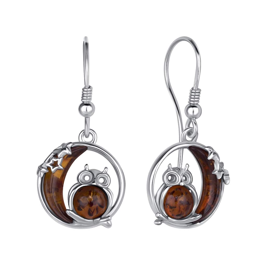 Baltic Amber Owl and Moon Earrings Fishhook in Sterling Silver
