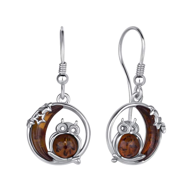 Baltic Amber Owl and Moon Earrings Fishhook in Sterling Silver