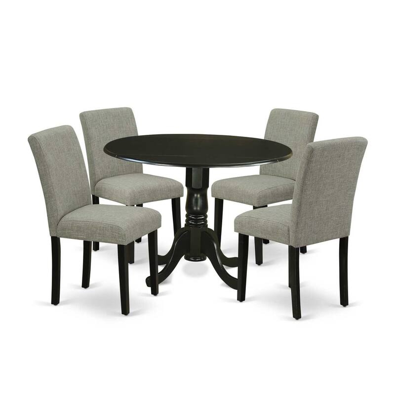 HomeStock 5-Piece Round Black Finish Solid Wood Top Dining Table with 4 Parson Chair with Drop Leaf Lattice Back