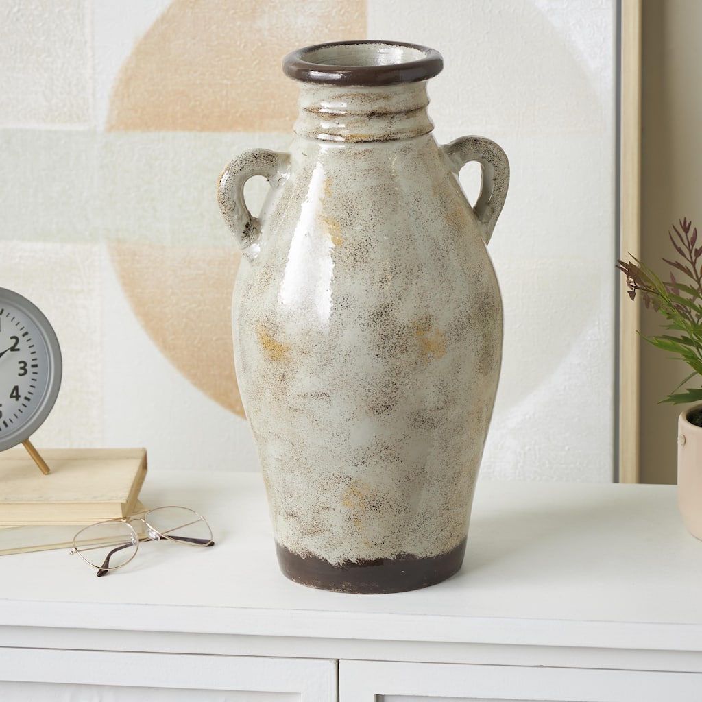 Cream Ceramic Antique Amphora Decorative Vase with Speckled Texturing and Yellow and Brown Accents