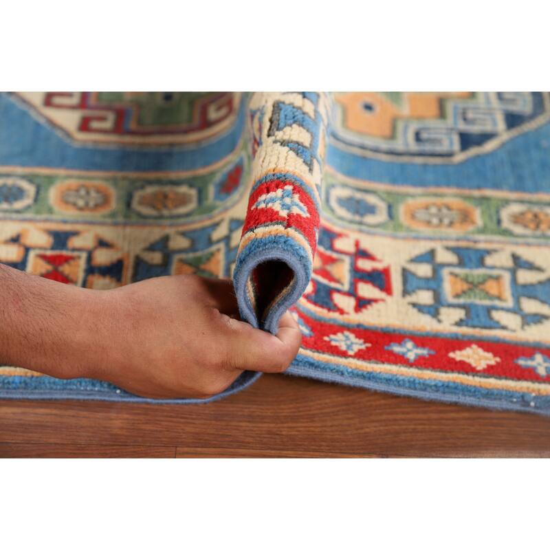 Blue Geometric Kazak Runner Rug Hand-Knotted Oriental Wool Carpet - 2'8" x 9'6"