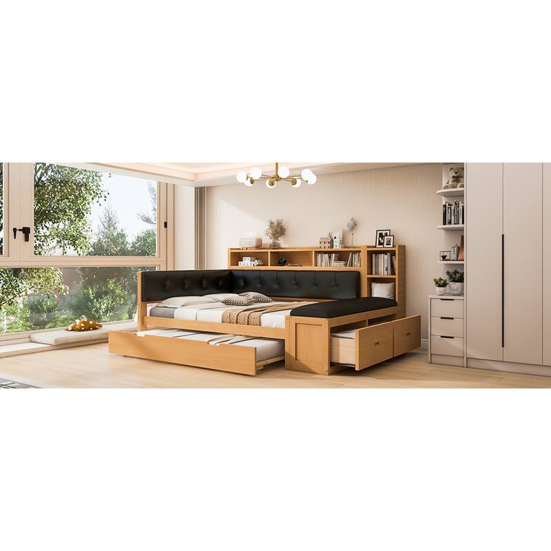 Roomfitters Full Wood Daybed with Trundle, Storage Shelves and Side Bench