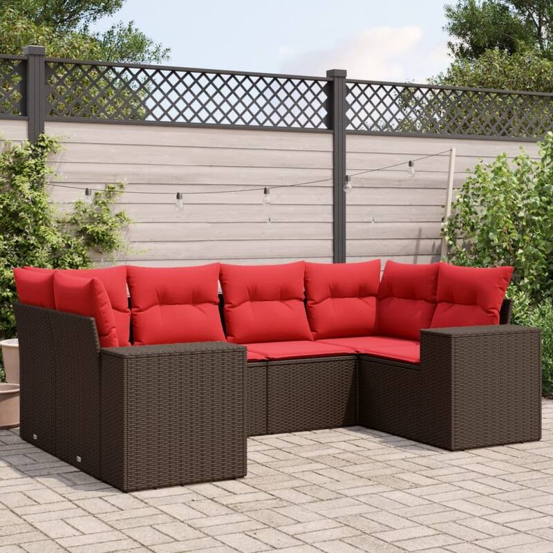 vidaXL 6 Piece Patio Sofa Set with Cushions Brown/Gray Poly Rattan - 24.4 x 24.4 x 27.2 - Brown and red