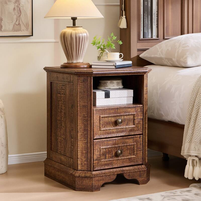 Farmhouse Nightstand with Charging Station, Beside Table for Bedroom - Brown