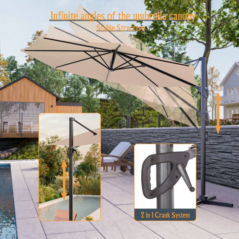 LIVOOSUN 10FT Round Cantilever Umbrella Patio Offset Umbrella For Outdoor Space, Solution-Dyed Fabric, 360° Rotation System