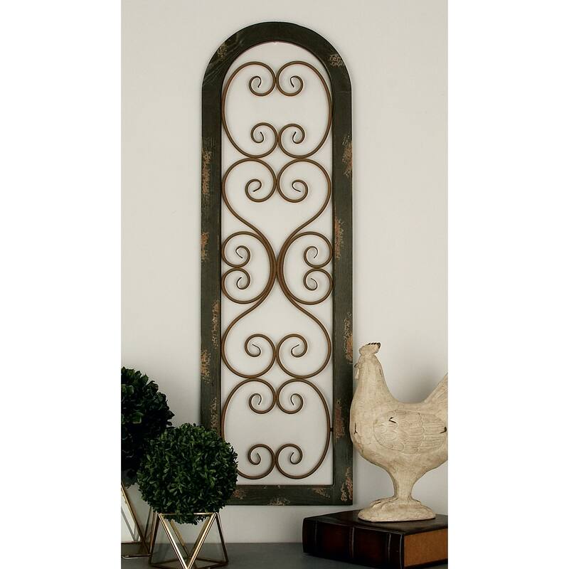Brown Wood Arched Window Inspired Scroll Home Wall Decor with Metal Scrollwork Relief - Brown