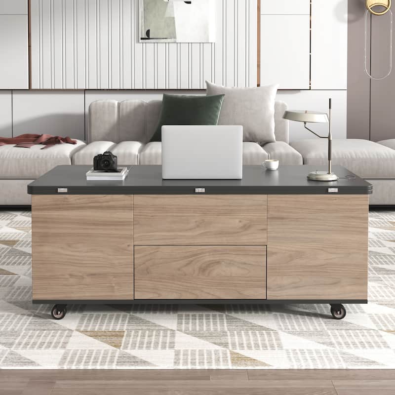 Modern Lift Top Coffee Table with 3 Drawers and Lockable Universal Wheels