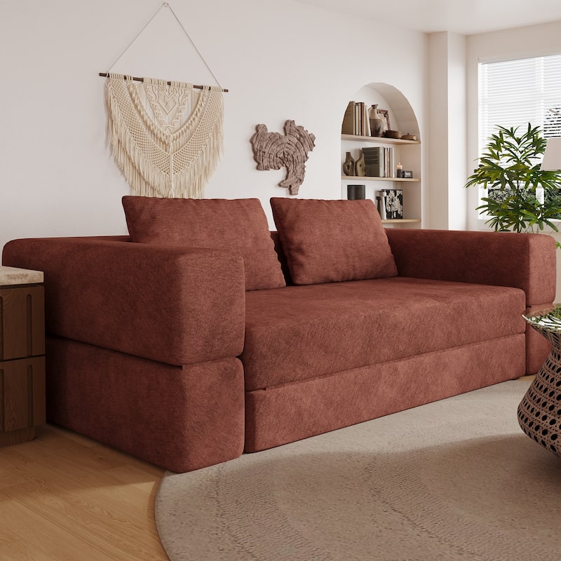 Folding Memory Foam Sleeper Sofa Bed Chenille Floor Couch Convertible into Sleeping Mattress with Rectangle Pillow and Cushions - Orange