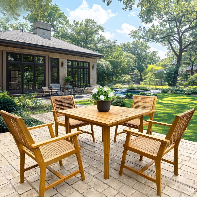 MAISON ARTS 5/7/9-Piece Acacia Wood Outdoor Dining Set, Teak Wooden Table & Dining Chairs with Wicker Seat and Back