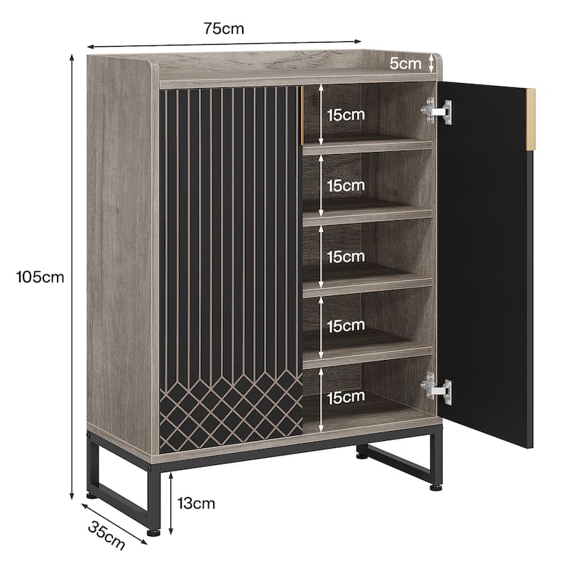 29" Grey & Black Shoe Cabinet with Doors, 5 Tiers