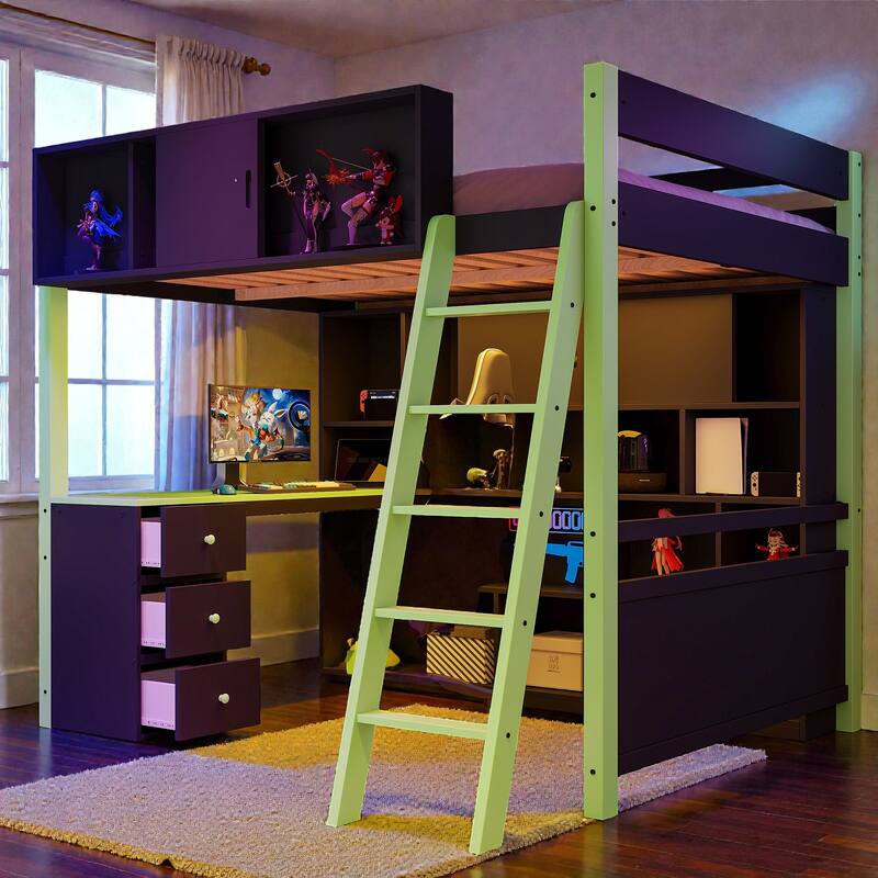 Full Size Gaming Loft Bed with Desk, LED Light, Storage Shelves and Drawers, Wood Loft Bed Frame for Teens Kids