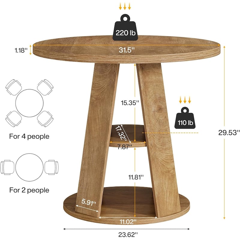 31.5" Small Round Wood Dining Kitchen Table for 2 with Storage Shelf - 31.5" W x 31.5" D x 29.5" H