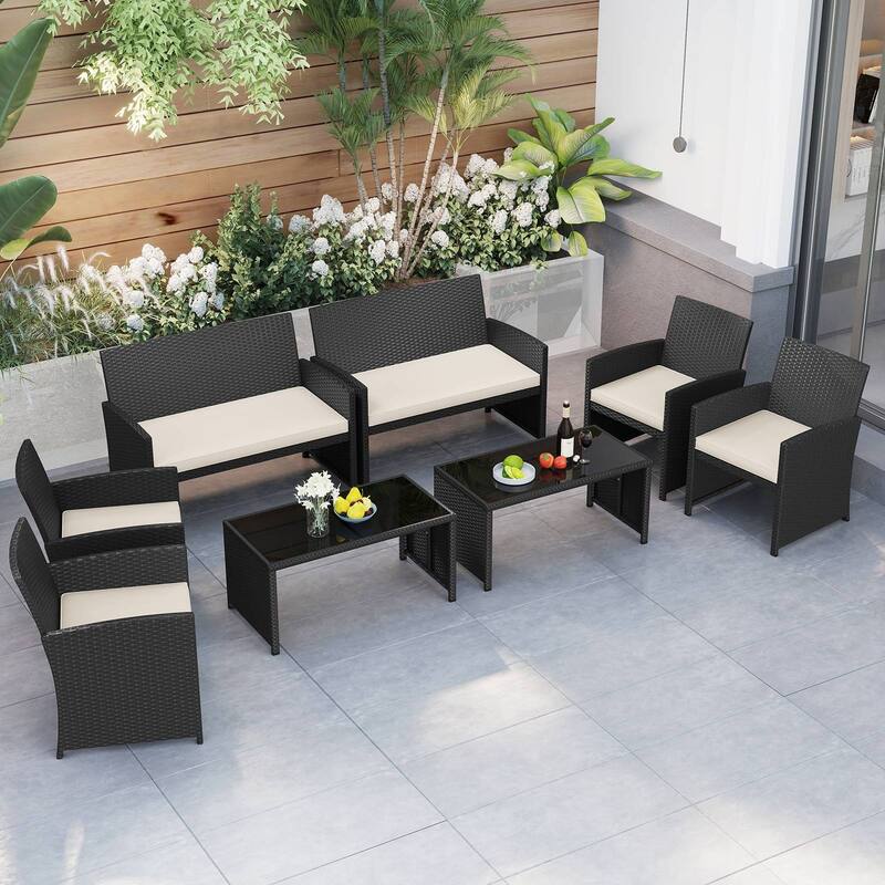 Gymax Set of 8 Patio Conversation Set w/Seat Cushions & Tempered Glass