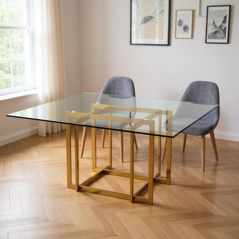 HomeRoots 59" Clear and Silver Glass and Metal Pedestal Base Square Dining Table - 59.00 in. x 30.00 in. x 59.00 in. - Clear - 59.00 in. x 30.00 in. x 59.00 in.